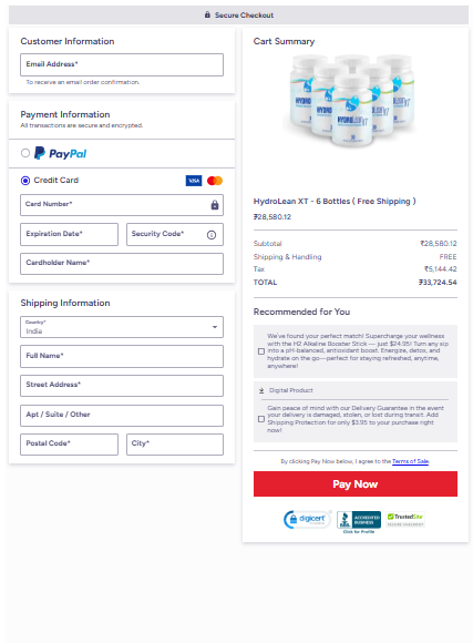 HydroLean XT Secured order page